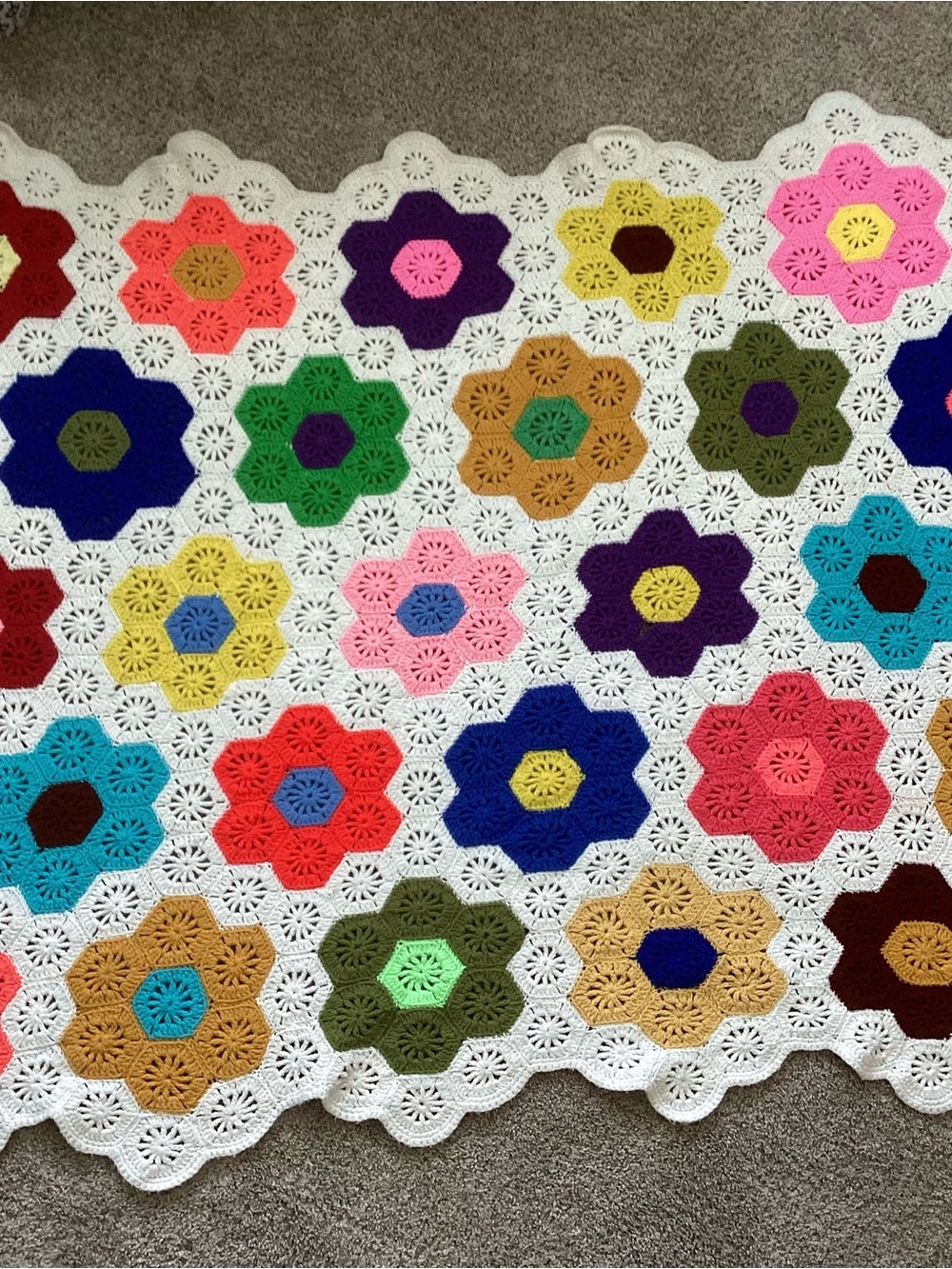 Handmade Afghan Grandma’s Flower Garden Throw Flower Power Colorful 52”x77”